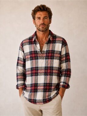 Chubbies Red/Ivory/Blue Plaid Collared Quarter Button Popover Long Sleeve Shirt